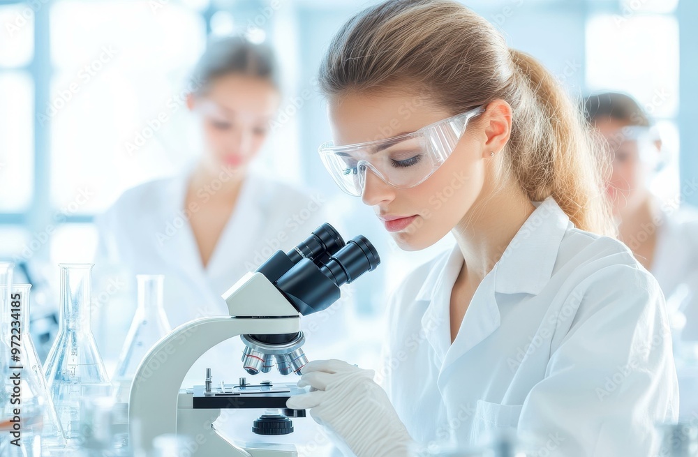 A dedicated female scientist examines samples under a microscope, surrounded by supportive female assistants in a bright lab. A dedicated female scientist examines samples under a microscope, surrounded by supportive female assistants in a bright lab.