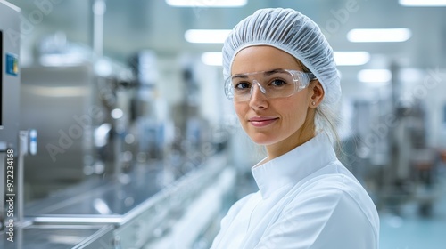 A pharmacist in sterile gloves inspects medical vials on a conveyor belt in a hightech drug manufacturing plant. photo