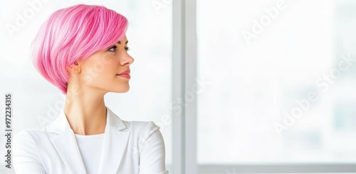 A confident businesswoman with vibrant pink hair gazes out her office window, embodying success and optimism. Free Download A confident businesswoman with vibrant pink hair gazes out her office window, embodying success and optimism. - GFXLoad