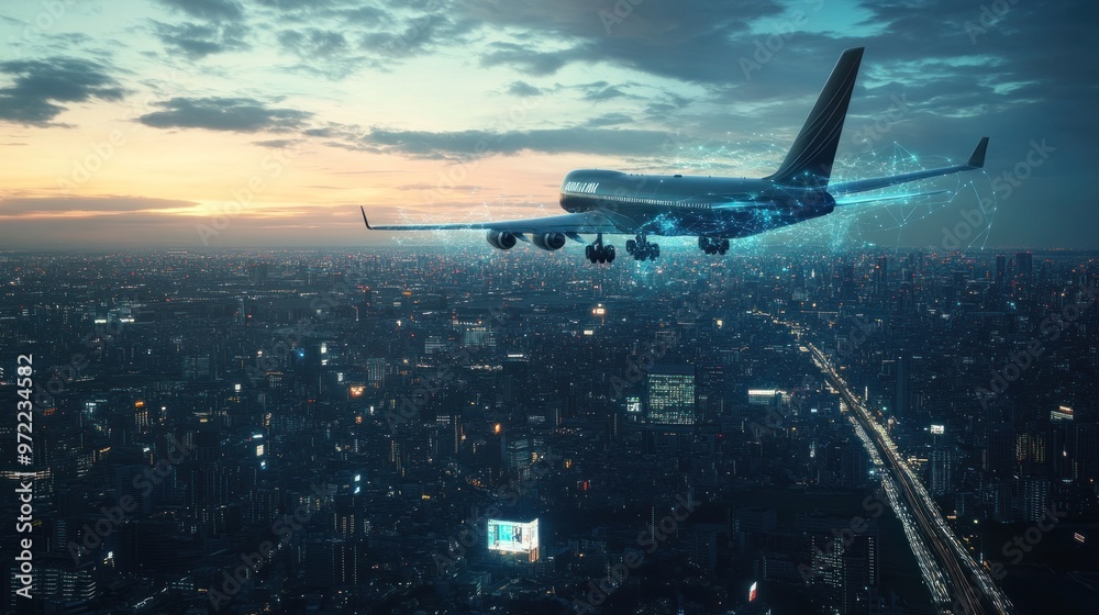 Naklejka premium A futuristic airplane flying over a cityscape at sunset, enhanced with digital effects.