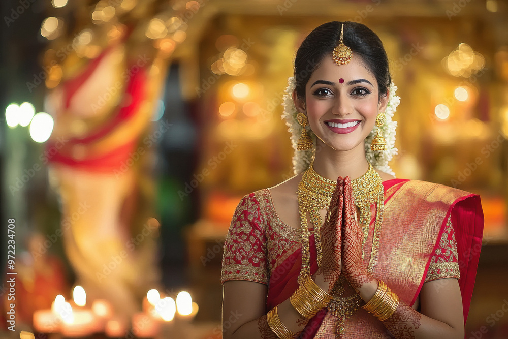 young indian woman standing i praying position young indian woman standing i praying position