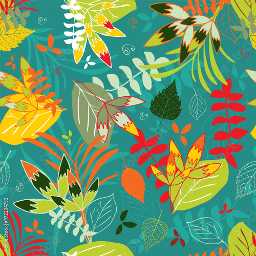 Seamless Pattern Swatch with Autumn Leaves, Hand Drawn Vector Fall Design, Foliage Theme for Wallpaper, Packaging, Textile and Design.