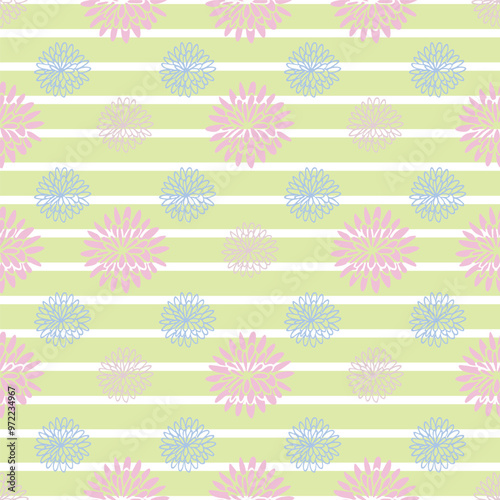 Seamless Vintage Floral Pattern on Green Stripped Background, Vector Organic Pink and Blue Shapes in Vintage Surface Design Swatch. 