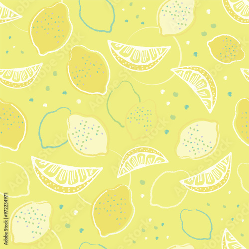 Seamless Vintage Pattern with Yellow Lemons and Green Dots, Citrus Fruit Illustration for Wallpaper and Backgrounds, Sweet and Cute Vector Summer Texture.