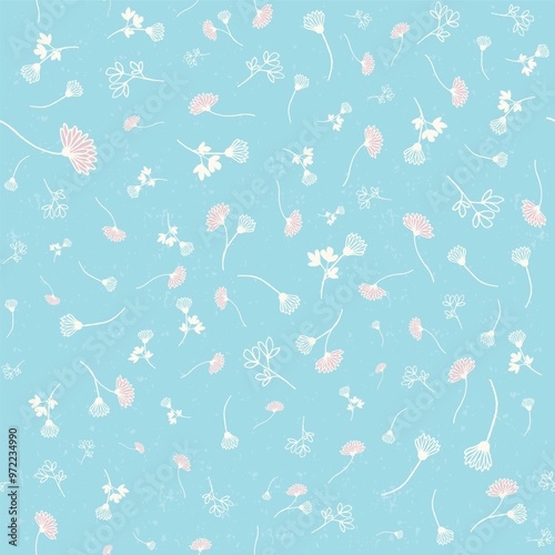 Floral Ditsy Seamless Pattern, Hand Drawn White and Pink Flowers on Light Blue Background, Endless Pattern Swatch. 