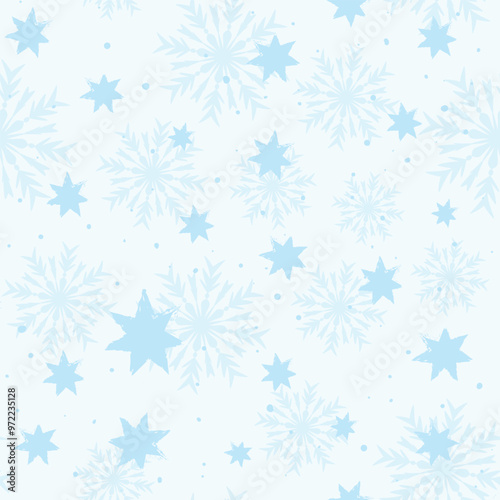 Christmas, Winter Seamless Pattern with Blue Snowflakes and Stars, Xmas Background Swatch, Snowy and Iced Design. 