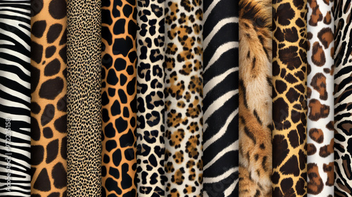 Fototapeta Naklejka Na Ścianę i Meble -  This is a collection of animal prints for fabrics. It includes patterns like leopard, giraffe, tiger, and zebra. The designs are seamless and can be used to create clothing or other items.