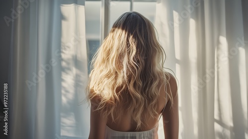 Sunlight on Skin: A woman with long blonde hair stands with her back to the camera, wearing a simple white slip dress, bathed in soft sunlight streaming through a window.