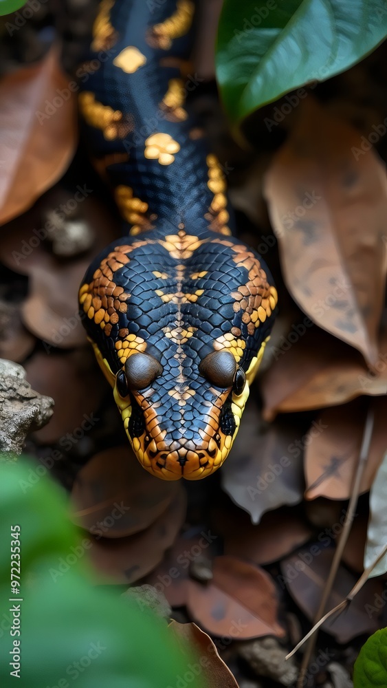 Gaboon viper resting among fallen leaves in forest Gaboon viper resting among fallen leaves in forest