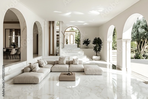 Italian modern villa with elegant white marble and traditional archways.