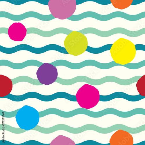 Funky Seamless Pattern with Colorful Waves and Dots, Summer Endless Backdrop, Wavy Retro Vintage Holiday Wallpaper.