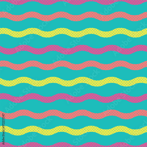 Seamless Pattern with Colorful Waves, Summer Endless Backdrop, Wavy Retro Vintage Seaside Wallpaper.