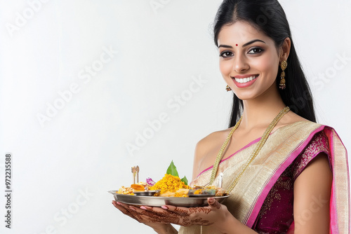 young indian woman holding pooja thali on white background photo