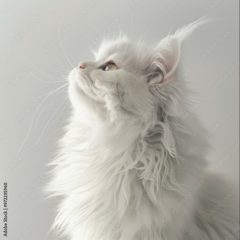 A graceful white cat gazes upward, showcasing its fluffy fur and alert expression against a soft, neutral background. A graceful white cat gazes upward, showcasing its fluffy fur and alert expression against a soft, neutral background.