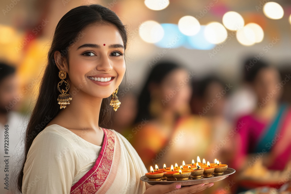 young indian woman holding colorful oil lamps in the plate young indian woman holding colorful oil lamps in the plate