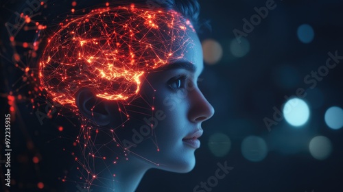 Wallpaper Mural A woman's profile with a glowing red brain made of connecting lines and dots. Torontodigital.ca