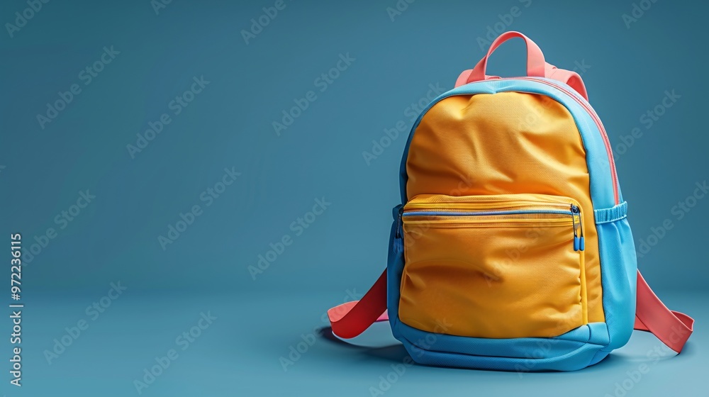 Full school backpack with books isolated on blue background. Back to School concept. Full school backpack with books isolated on blue background. Back to School concept.