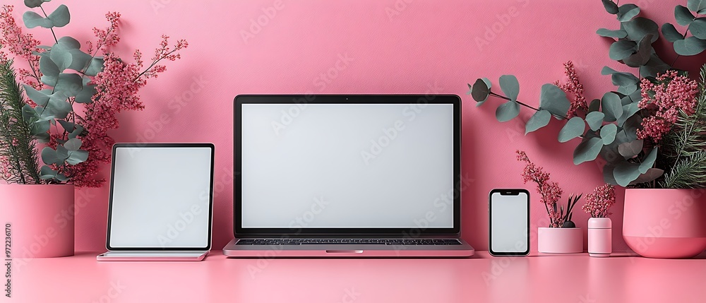 A modern workspace featuring devices and plants on a pink background. A modern workspace featuring devices and plants on a pink background.