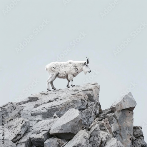 A majestic mountain goat perches on a rocky ledge, showcasing its natural habitat in the serene mountain landscape.