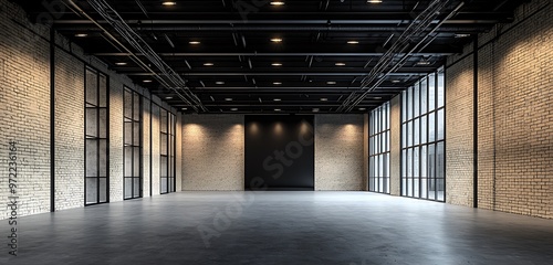 Ivory brick walls pair with a black industrial ceiling in this well-lit photography studio.