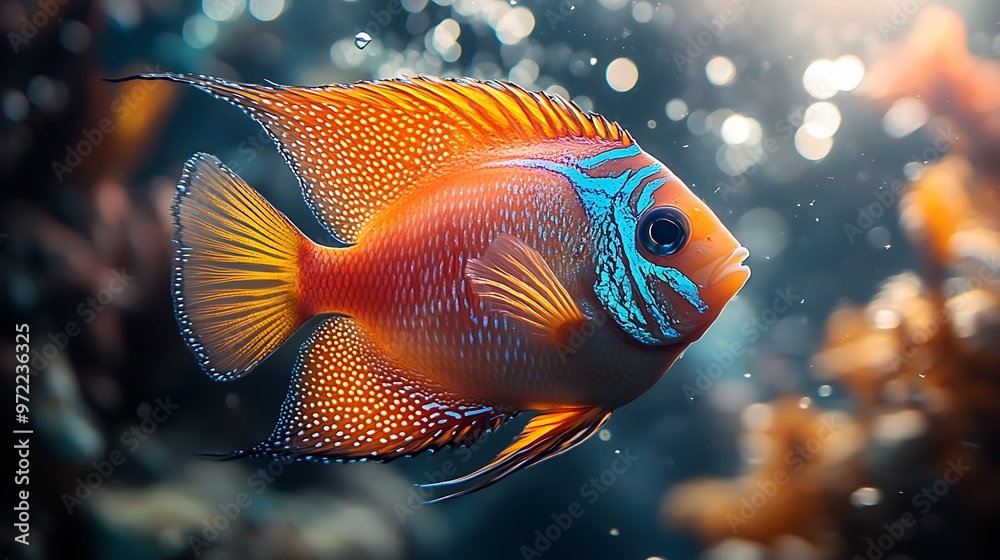 A vibrant fish swimming through a colorful underwater scene. A vibrant fish swimming through a colorful underwater scene.