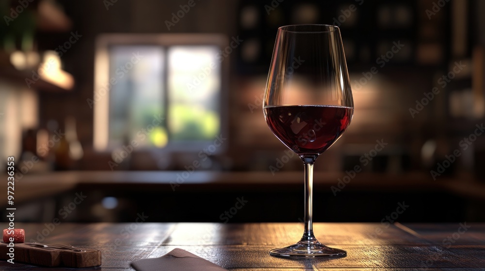 A glass of red wine sits elegantly on a wooden table, illuminated by soft light. A glass of red wine sits elegantly on a wooden table, illuminated by soft light.