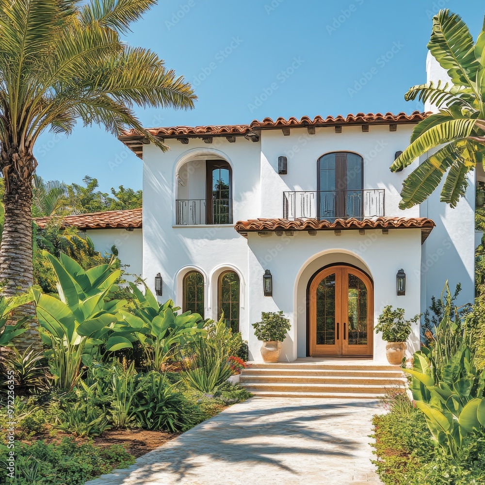 Fototapeta premium Mediterranean Style Home with Lush Tropical Landscaping and Palm Tree