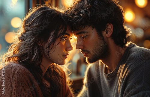 Portrait of a young couple sitting in cafe and looking at each other.