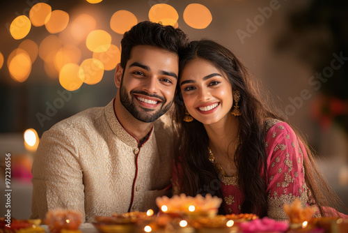 young Indian couple celebrating Diwali festival at home photo