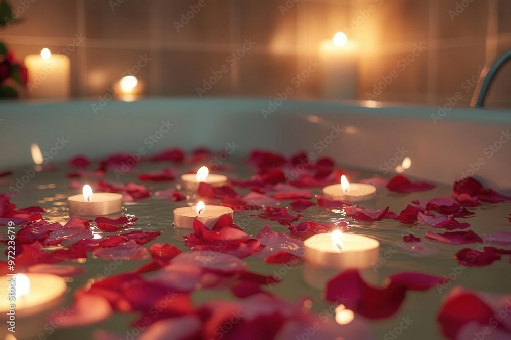 A spa bath with floating candles and rose petals, creating a luxurious and relaxing environment A spa bath with floating candles and rose petals, creating a luxurious and relaxing environment