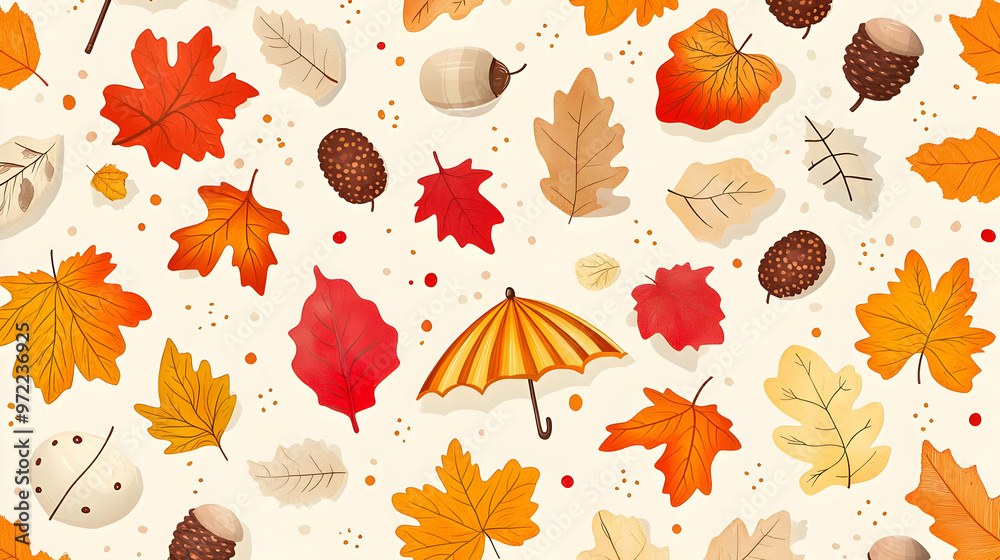 Obraz premium Autumn Leaves Pattern with Umbrella and Pinecones