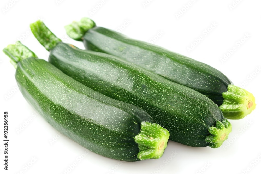 Fresh zucchinis arranged on a clean white surface, ideal for food and kitchen-related compositions Fresh zucchinis arranged on a clean white surface, ideal for food and kitchen-related compositions