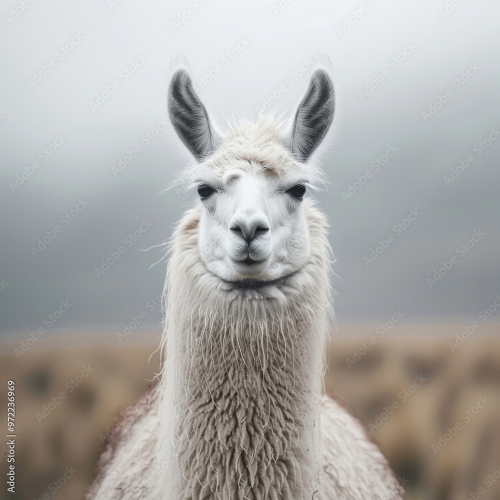 Obraz premium A serene portrait of a llama standing gracefully in a misty landscape, showcasing its calm demeanor and soft fur texture.