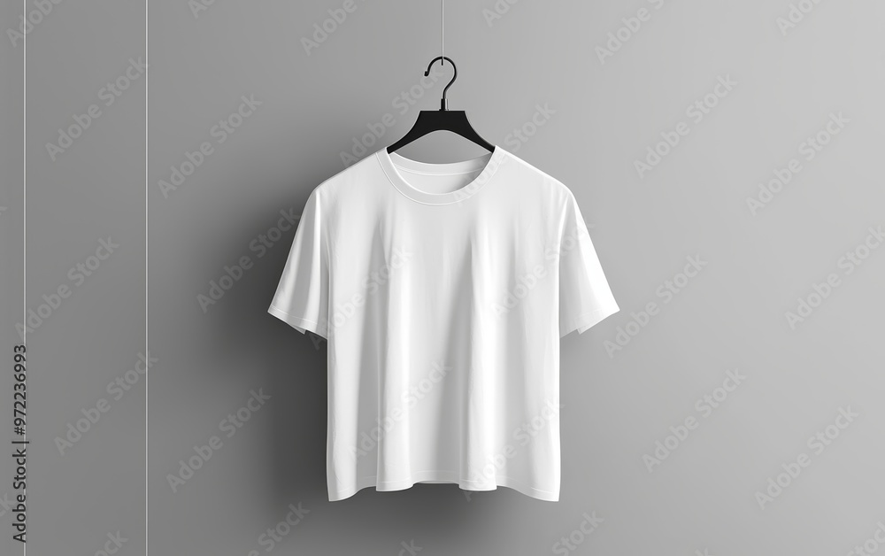 A plain white t-shirt mockup, rear view on a hanger, with soft folds in the fabric to showcase the natural fit of the shirt A plain white t-shirt mockup, rear view on a hanger, with soft folds in the fabric to showcase the natural fit of the shirt