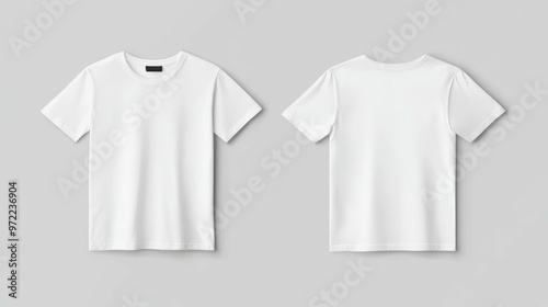 A plain white t-shirt mockup laying flat on a neutral surface, with both front and back views side by side for easy comparison.