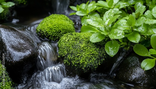 A peaceful, close-up view of a stream gently flowing over mossy rocks, with fresh spring plants and young leaves framing the scene photo