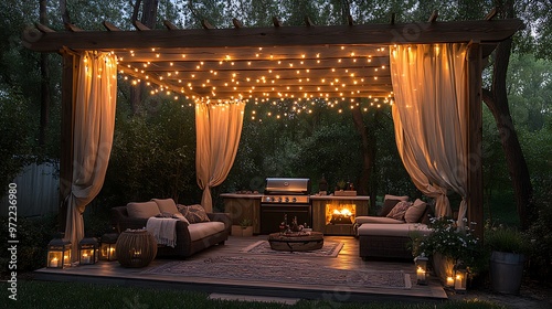 An outdoor BBQ area with a wooden pergola, string lights overhead, cozy lounge seating, and soft flowing curtains,