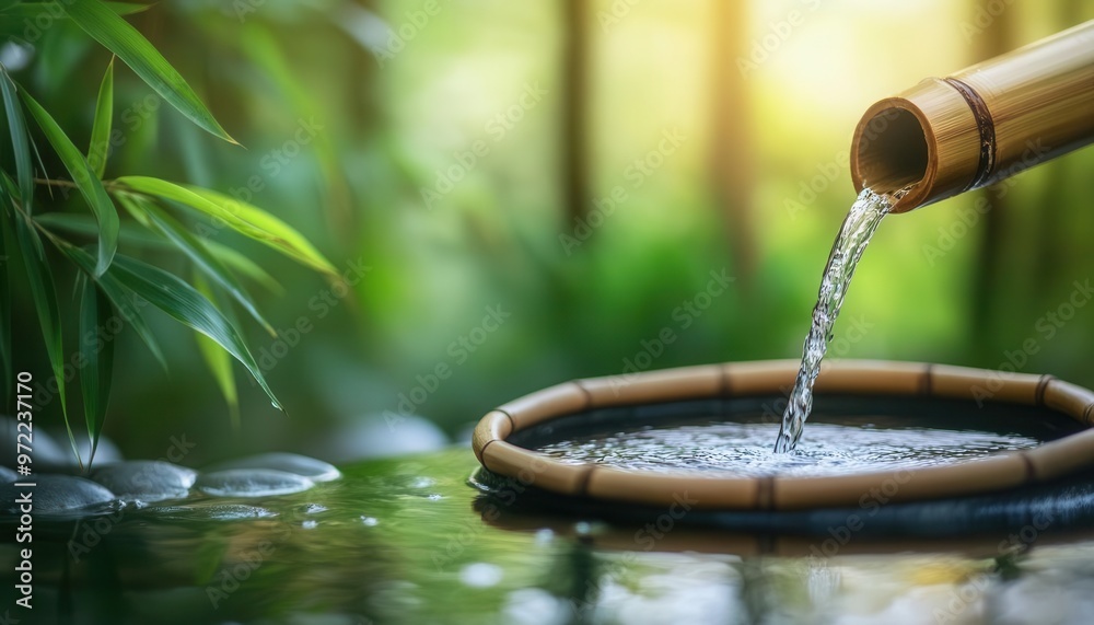 A serene bamboo fountain gracefully pours water into a circular basin, surrounded by lush greenery, evoking tranquility and harmony.