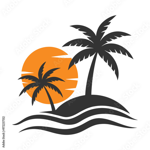 Tropical coconut tree and beach resort logo design, ideal for summer and vacation-themed branding.