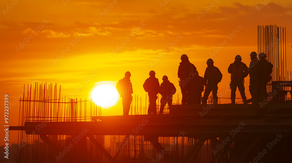 Naklejka premium group of construction workers is seen in silhouette, set against the brilliant hues of a rising sun
