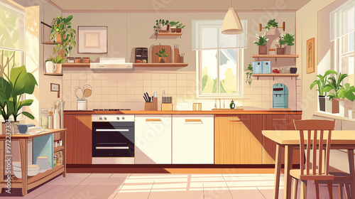 Anime style illustration of minimalist kitchen interior with wooden material and beautiful decoration in the morning