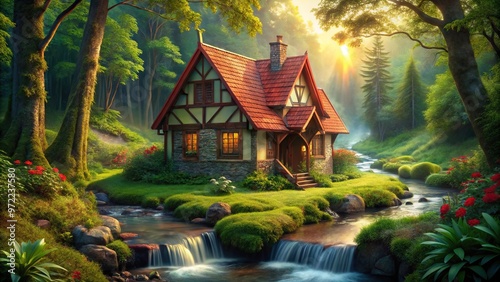 Charming fairy tale cottage with red roof and flowing stream surrounded by lush greenery photo