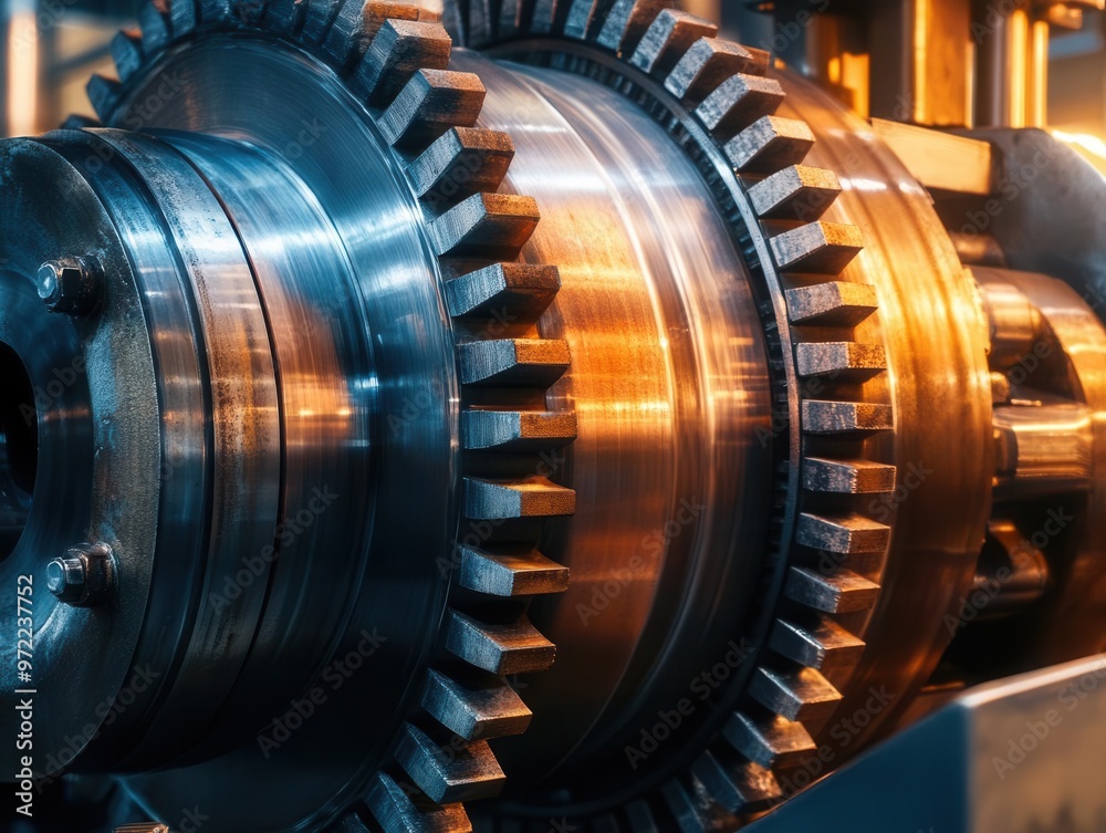 A closeup of a massive factory gear system turning, symbolizing industrial strength and machinery in motion A closeup of a massive factory gear system turning, symbolizing industrial strength and machinery in motion