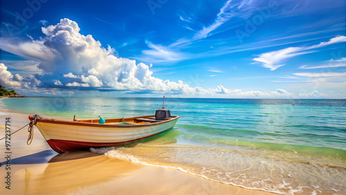 The fishing boat sits ashore on a serene beach, surrounded by clear turquoise waters and fluffy white clouds in the bright sky. The scene captures a peaceful coastal atmosphere