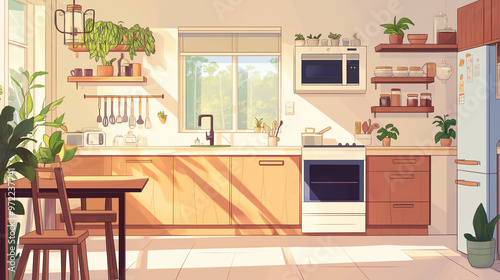 Anime style illustration of minimalist kitchen interior with wooden material and beautiful decoration in the morning