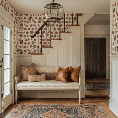 Cozy Entryway with Bench  Staircase and Rug