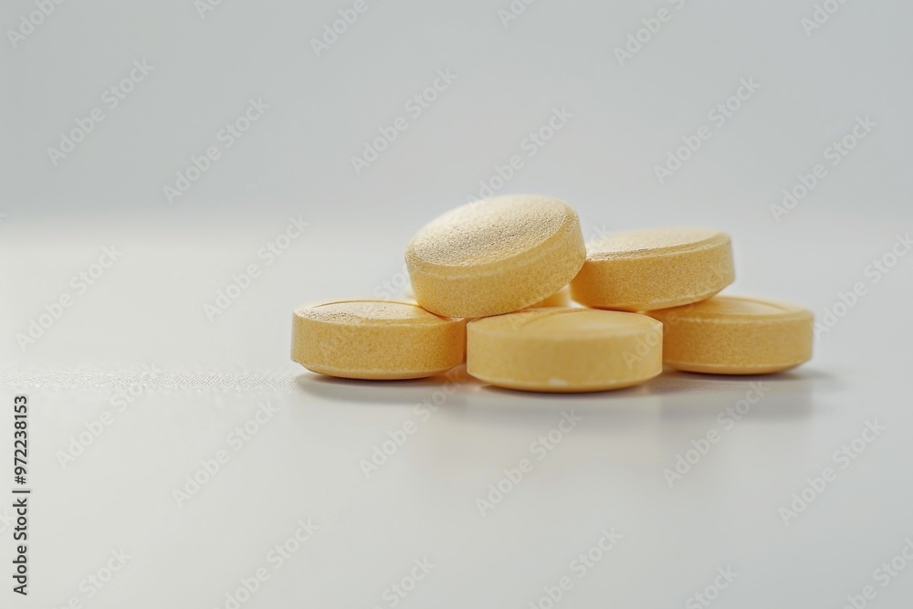 A collection of yellow pills arranged neatly on a flat surface A collection of yellow pills arranged neatly on a flat surface