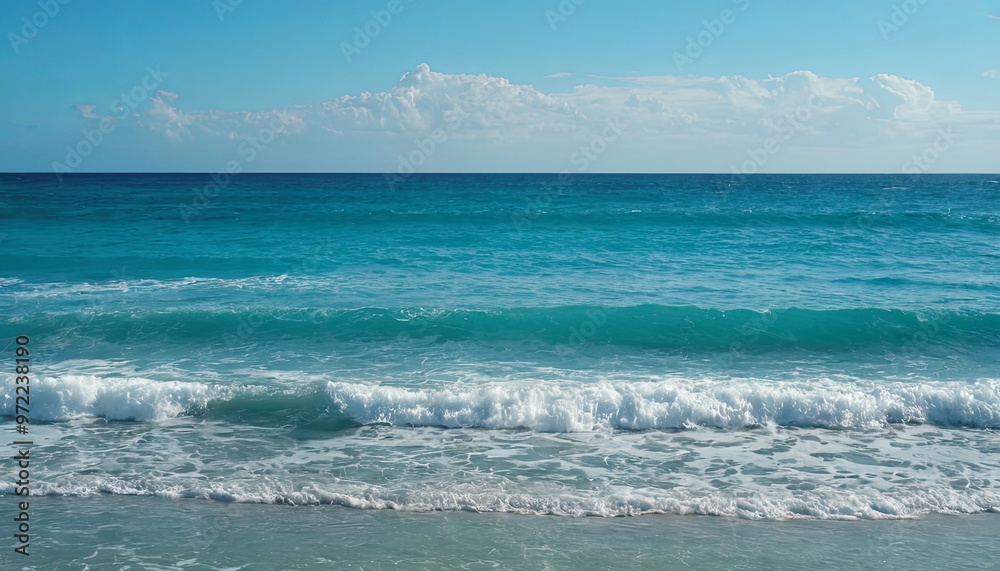 Turquoise waves softly crash onto a sandy beach under a bright blue sky. Fluffy clouds float above, creating a serene and relaxing atmosphere for beachgoers Turquoise waves softly crash onto a sandy beach under a bright blue sky. Fluffy clouds float above, creating a serene and relaxing atmosphere for beachgoers