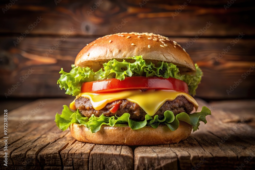 Cheeseburger with fries on wooden table Cheeseburger with fries on wooden table
