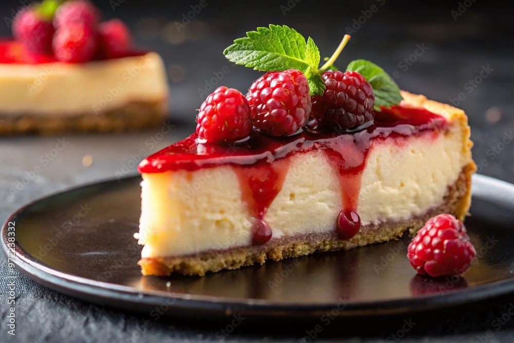 Cheesecake slice with raspberries and jam on dark plate, extreme close-up Cheesecake slice with raspberries and jam on dark plate, extreme close-up
